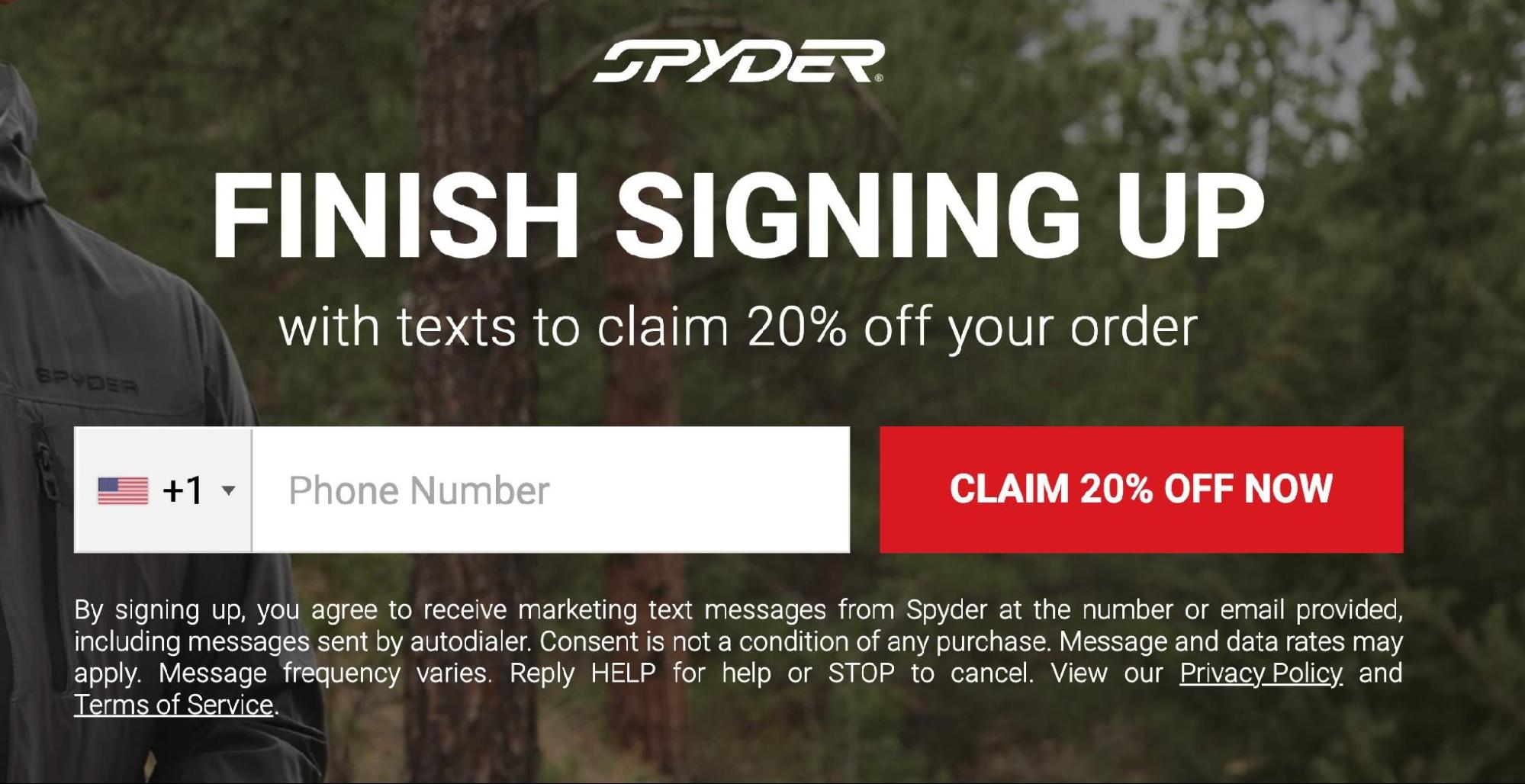 SMS opt-in message examples: A promotional sign-up form from Spyder offering 20% off your order for signing up with your phone number to receive marketing texts. The form includes a country code, phone number field, and a red CLAIM 20% OFF NOW button.