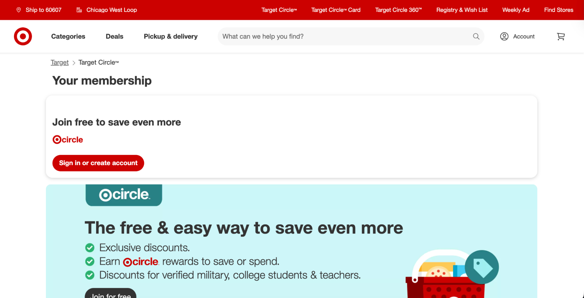 Loyalty programs: Screenshot of a Target webpage promoting the Target Circle membership, featuring options to sign in or create an account, and listing benefits like exclusive discounts and rewards for military, college students, and teachers.