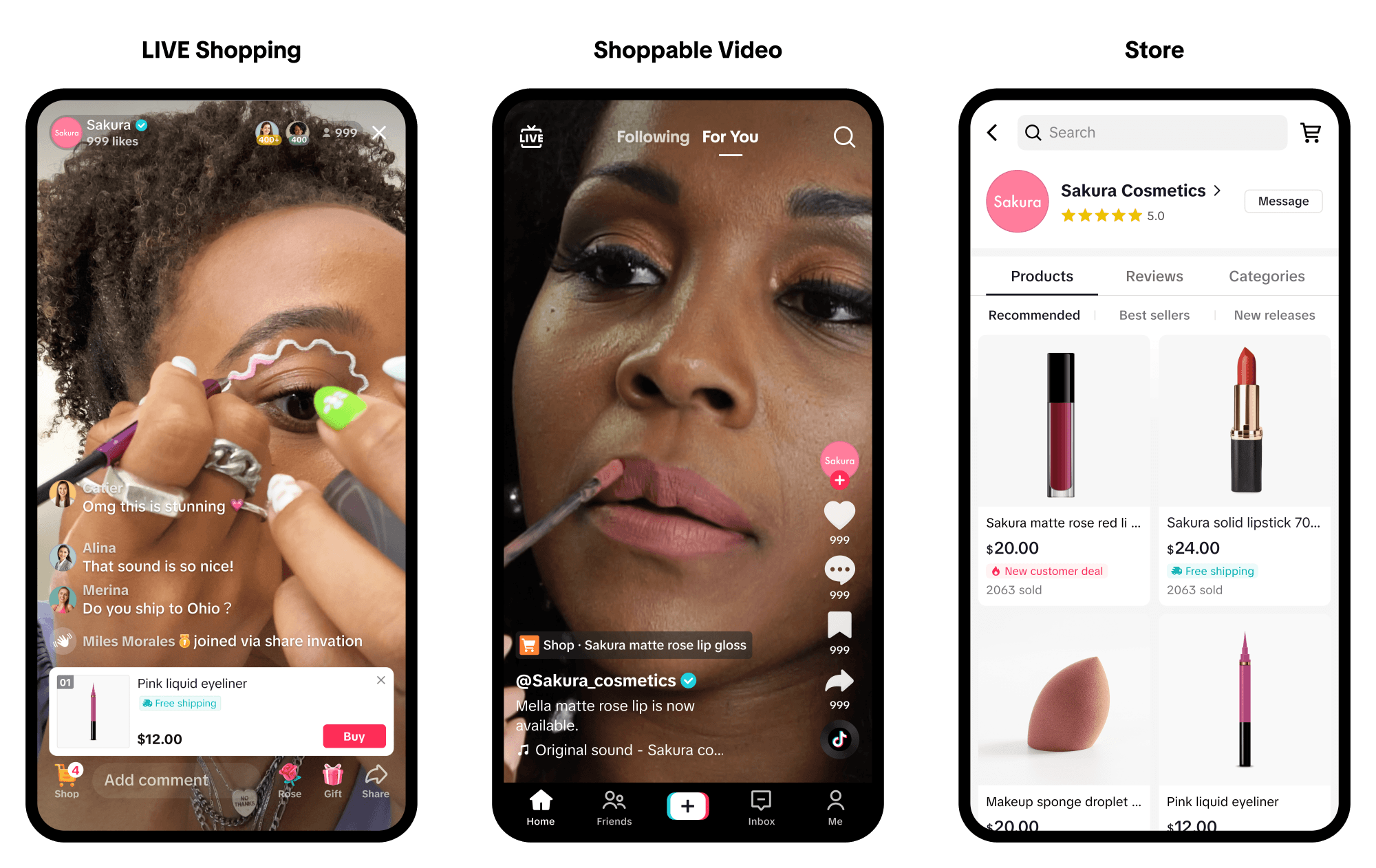 Mobile commerce: Three smartphone screens show a woman applying makeup during live shopping, a close-up of her using lip gloss in a shoppable video, and a cosmetics store listing lip products with prices.