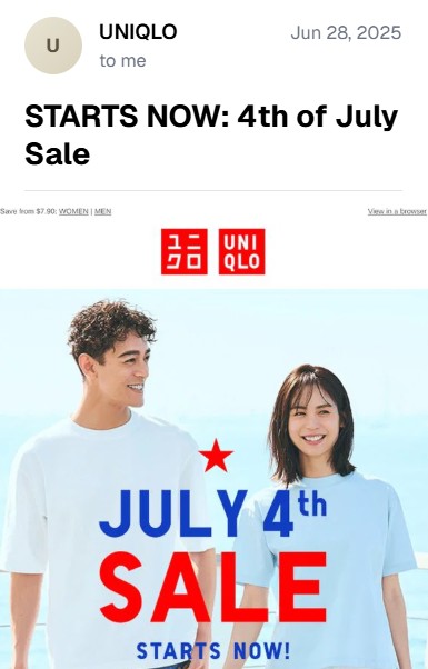 4th of July email subject lines: UNIQLO email ad with a smiling man and woman in pale blue shirts. Text announces STARTS NOW: 4th of July Sale and JULY 4th SALE STARTS NOW! in bold red and blue letters, with UNIQLO logo above.