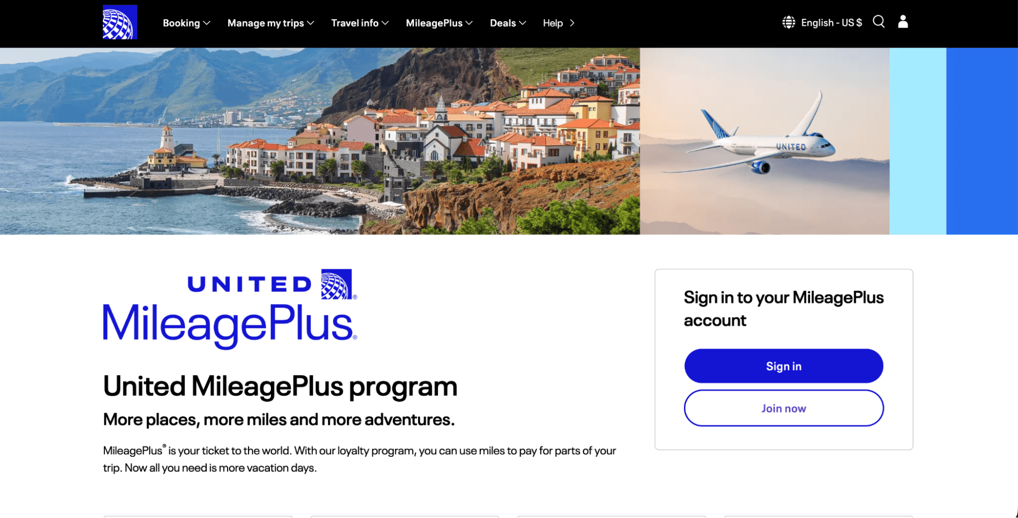 Loyalty programs: Screenshot of the United MileagePlus program webpage, showing a coastal village, an airplane in flight, and options to sign in or join MileagePlus. The navigation menu is at the top.