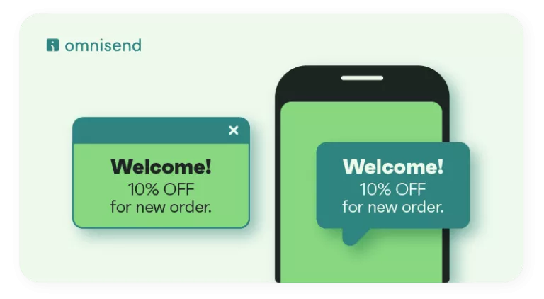SMS lead generation: A graphic with the Omnisend logo shows two green speech bubbles saying, Welcome! 10% OFF for new order. One bubble is on a card, the other is displayed on a smartphone screen.
