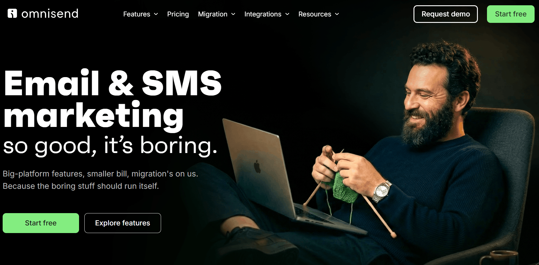 Best ecommerce personalization software: A bearded man sits on a couch knitting and smiling at his laptop. Large text reads, Email & SMS marketing so good, its boring. Omnisend branding and navigation buttons are visible at the top.