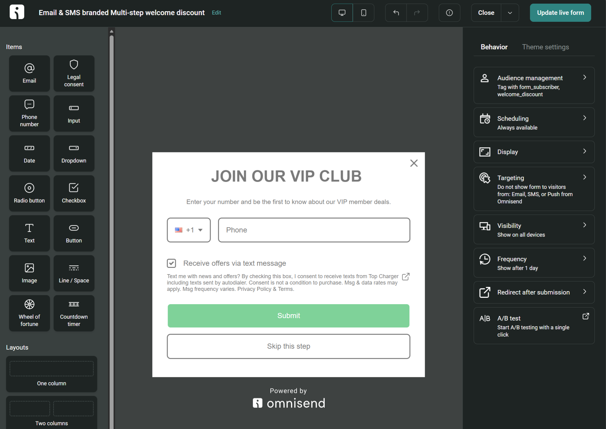 SMS compliance checklist: A form setup screen for a VIP club in Omnisend, showing options to enter a phone number, opt-in for text messages, and buttons to submit or skip, with form settings displayed on the right.