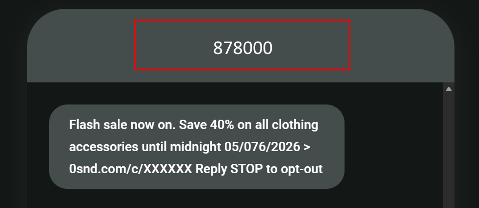 Long code vs. short code SMS: A text message from 878000 offers 40% off clothing accessories until midnight 05/07/2026, with a link and an option to reply STOP to opt-out.