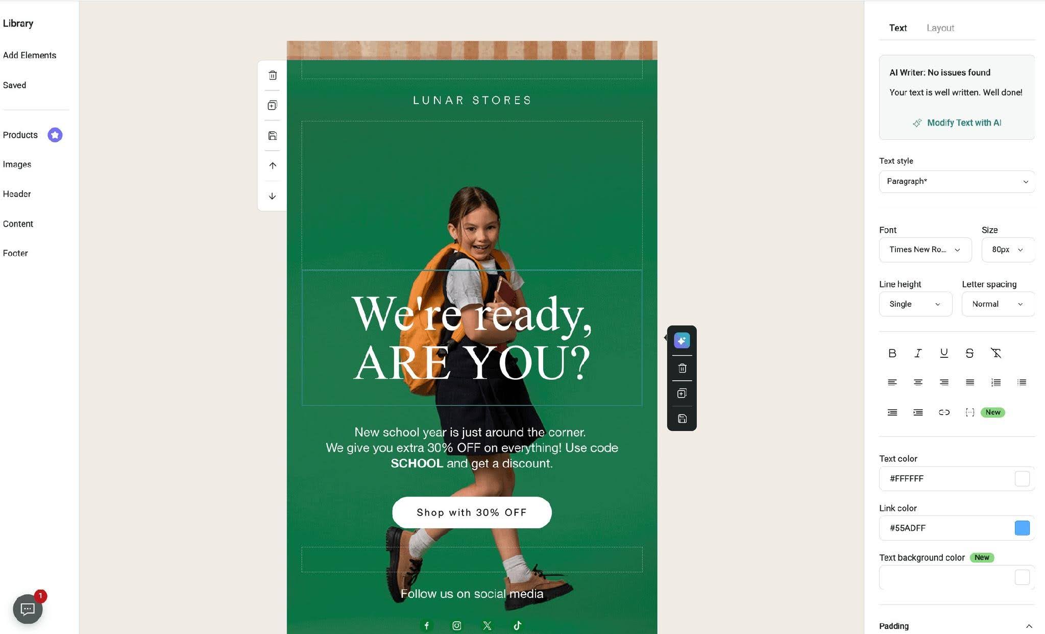 Back-to-school marketing: A girl with a backpack smiles in front of a green background. Text reads, We’re ready, ARE YOU? with a school discount code and a Shop with 30% OFF button, displayed on a design editing interface.