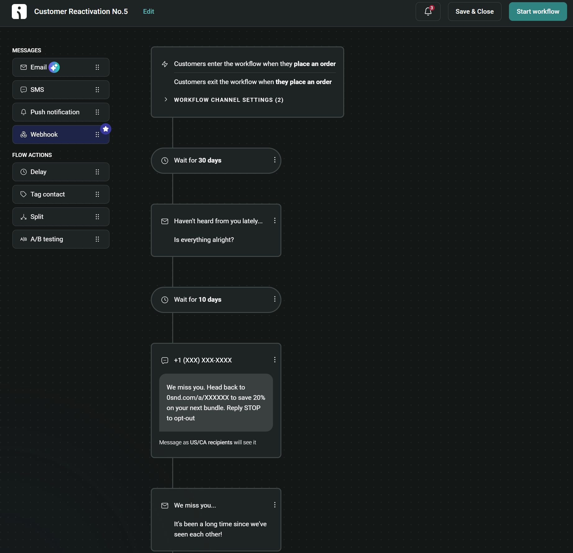 Post-purchase SMS: A workflow builder interface displays a customer reactivation sequence using messages, delays, SMS, and webhooks, showing steps with wait times, messages, and actions for re-engaging customers after placing an order.