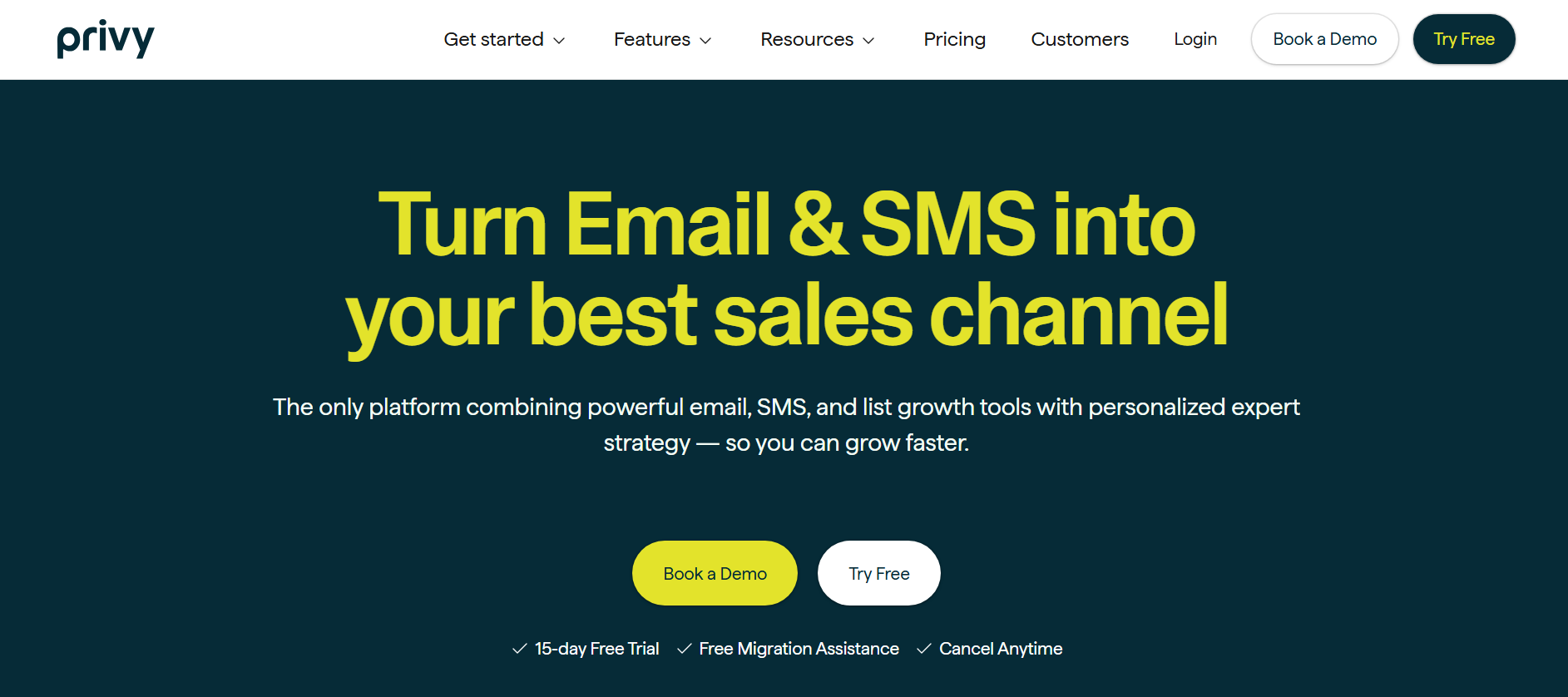 Postscript alternatives: Privy website homepage with a dark blue and yellow theme, headline reading Turn Email & SMS into your best sales channel, and buttons for Book a Demo and Try Free. Menu options are at the top.