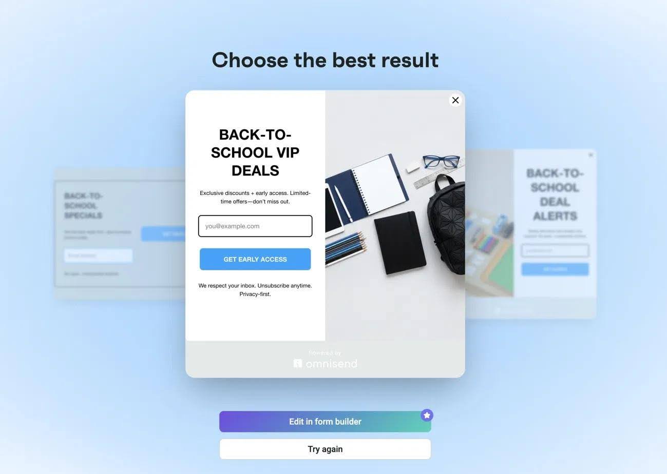 Back-to-school marketing: A pop-up on a website offers Back-to-School VIP Deals for early access. Behind it, blurred boxes show similar school-related offers. At the bottom, options to edit the form or try again are visible.