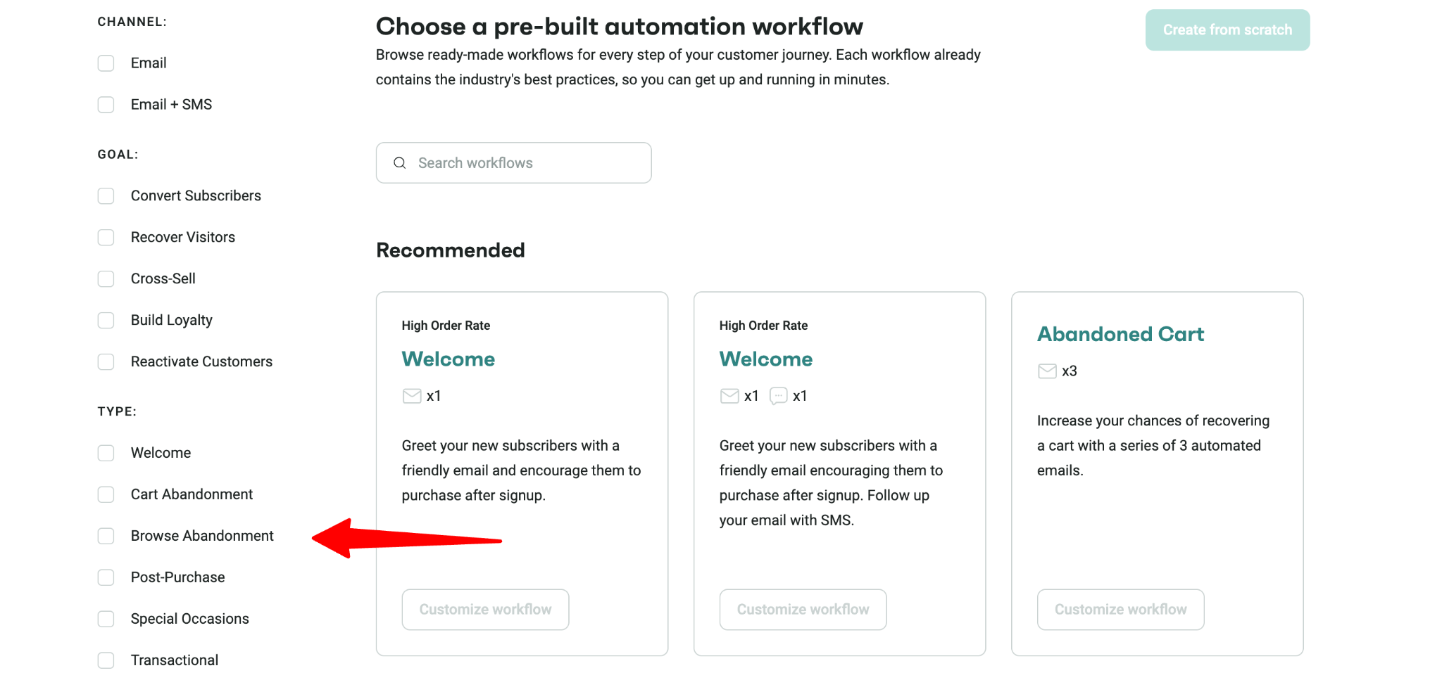 Back-to-school marketing: A dashboard displays automation workflow options, with a red arrow pointing to Browse Abandonment in the sidebar. Other workflow categories and recommendations are visible on the screen.
