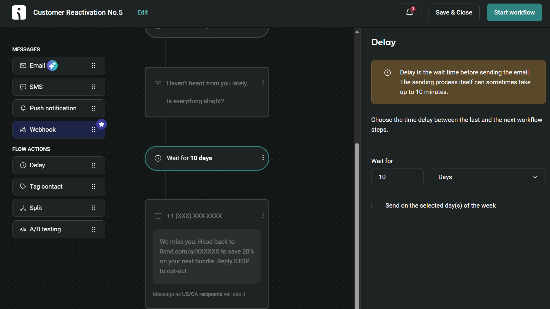 Post-purchase SMS: A workflow automation screen shows a message sequence, including email, push notification, and webhook. A delay step is set for 10 days. A sidebar explains delay timing and has options for setting delay duration.