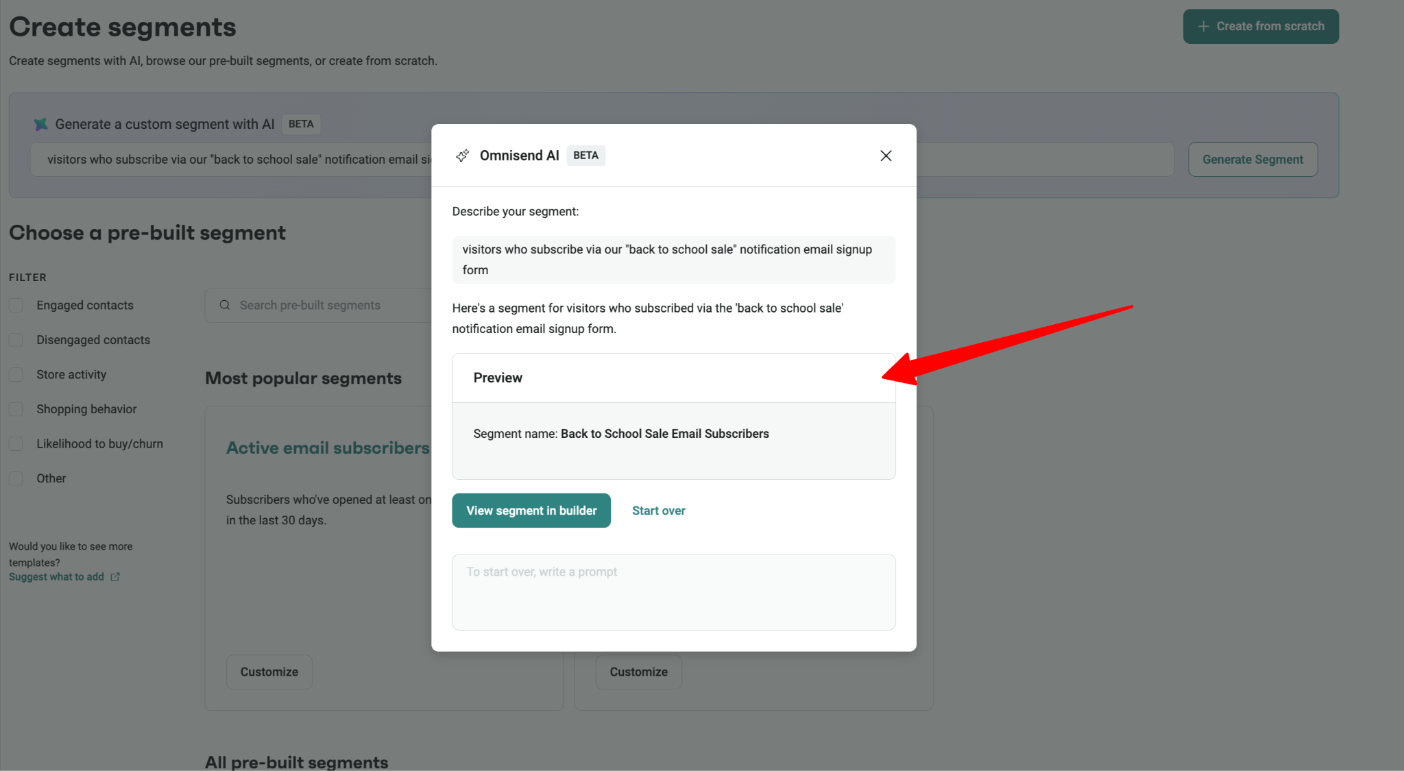 Back-to-school marketing: A screen shows a Create segments window with a pop-up preview for a Back to School Sale Email Subscribers segment. A red arrow points to the preview section in the middle.