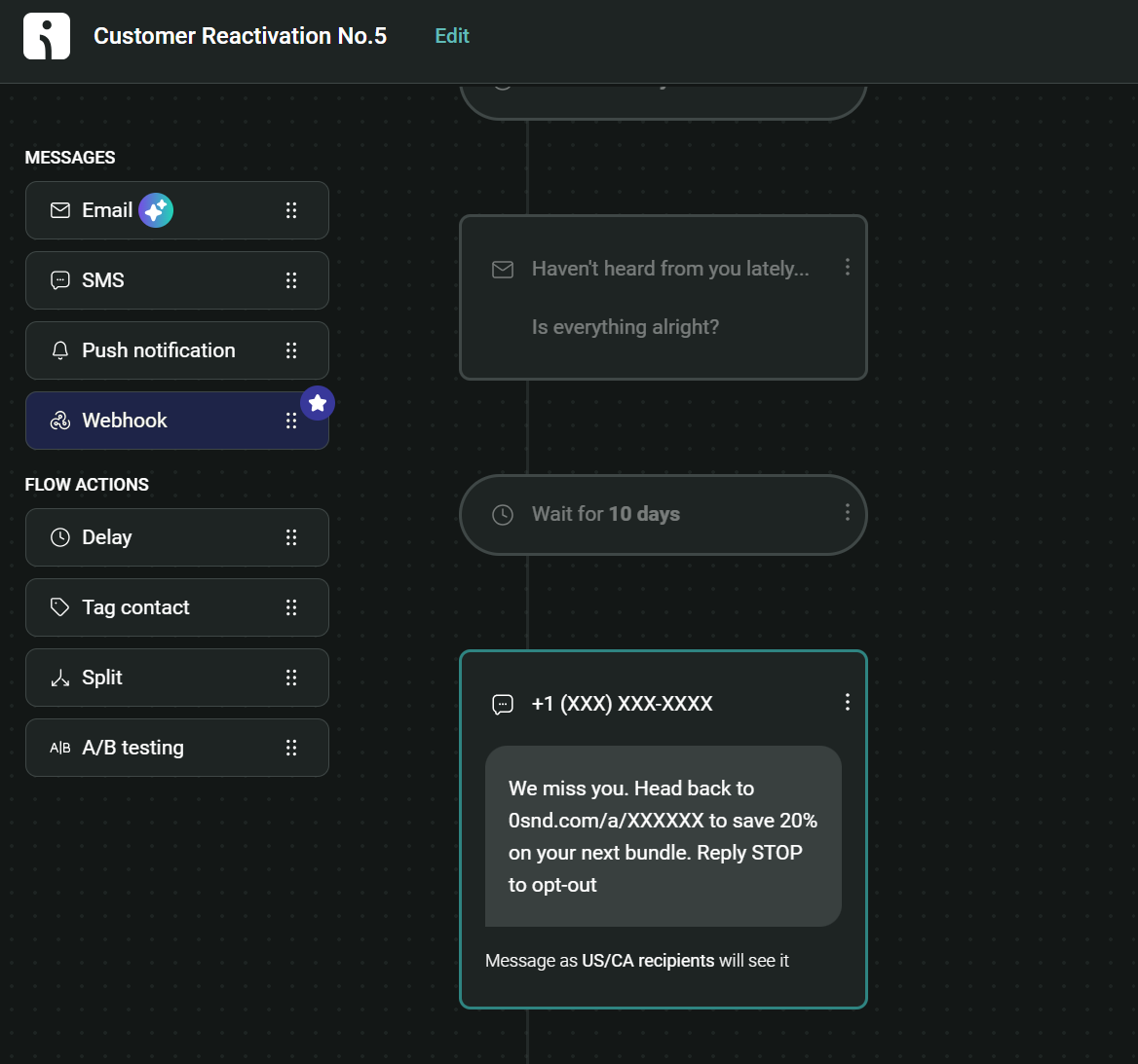 Post-purchase SMS: Workflow automation interface showing a Customer Reactivation sequence. Highlighted Webhook and a message sending an SMS offering 20% off a bundle, with instructions to reply STOP to opt-out.