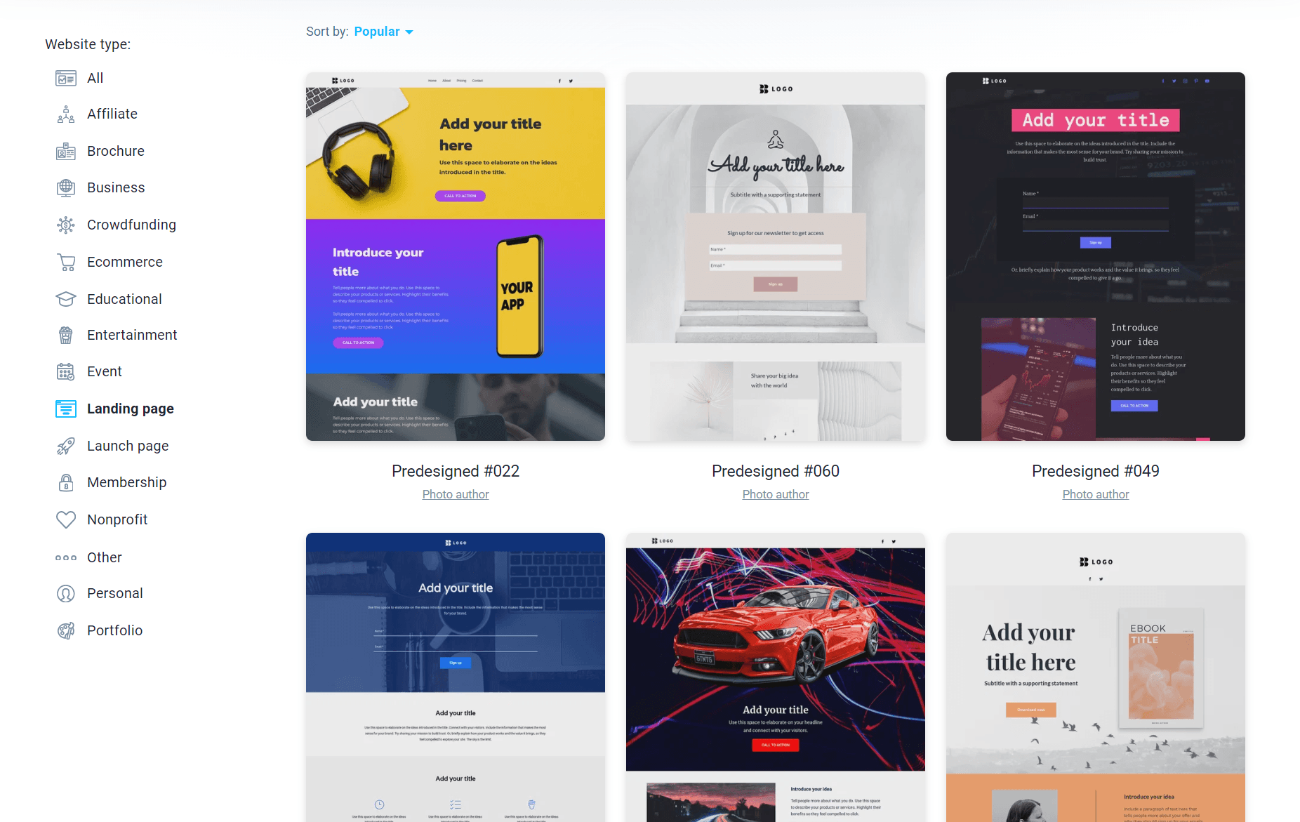 Klaviyo alternatives: A screen shows six website template thumbnails labeled with numbers, under the Landing page category. Options to filter templates by website type are listed on the left sidebar.