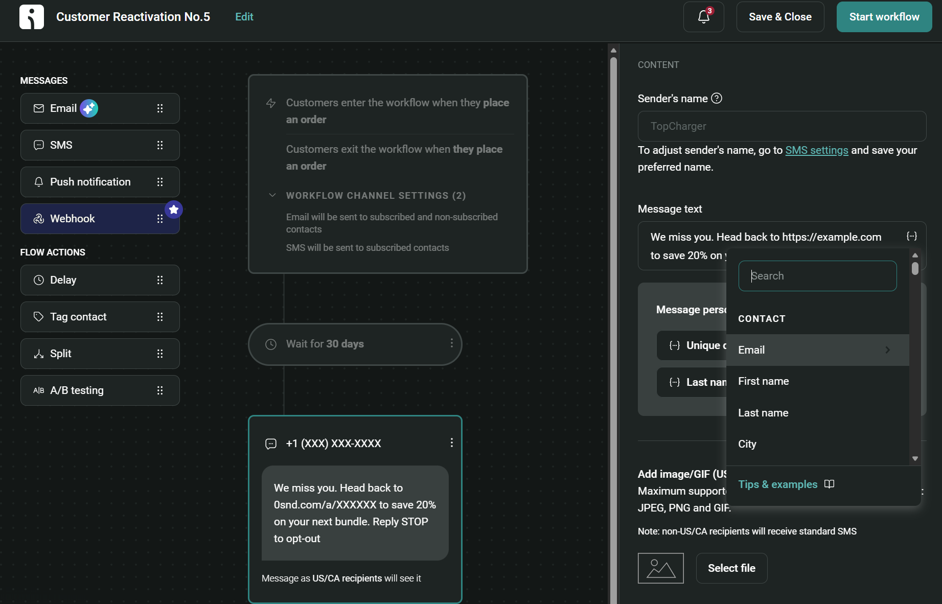 Post-purchase SMS: A workflow automation interface for customer reactivation is shown, featuring message options (email, SMS, push, webhook) and a sample SMS template with variables like name, city, and a shortened promo link.