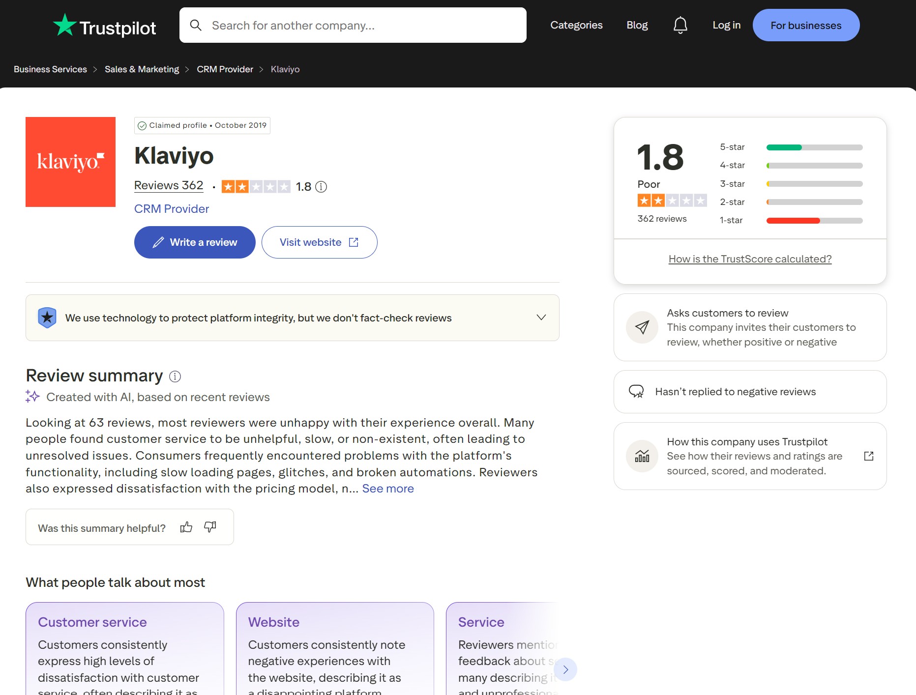 Klaviyo alternatives: Trustpilot page for Klaviyo shows a 1.8/5 rating from 362 reviews. Review summary highlights customer dissatisfaction, issues with pricing, service, and technical problems. Sections for review topics and TrustScore info are visible.