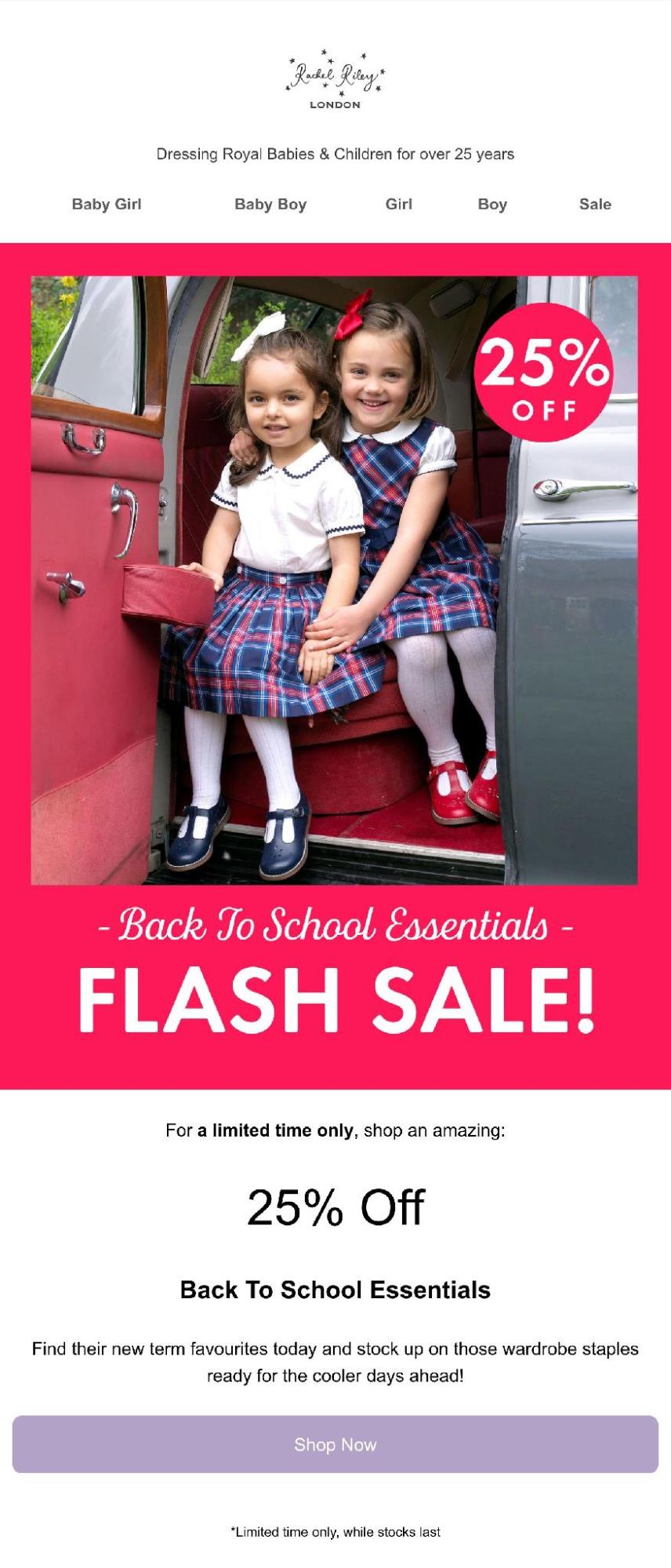 Back to school email subject lines: Two young girls in plaid school uniforms sit in an open car door, smiling. A pink banner reads 25% OFF. The ad promotes a back-to-school essentials flash sale with a 25% discount.