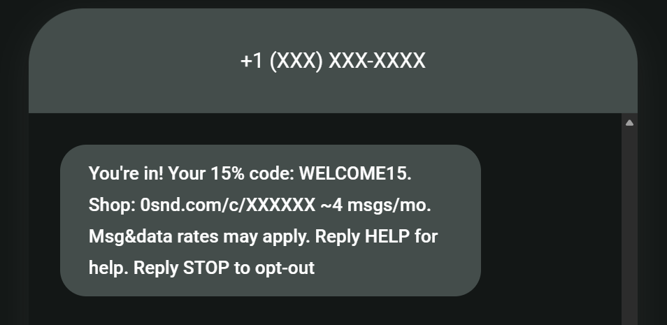 SMS compliance checklist: Text message from a phone number offering a 15% off code “WELCOME15” for osnd.com, with instructions to reply HELP for help or STOP to opt-out.