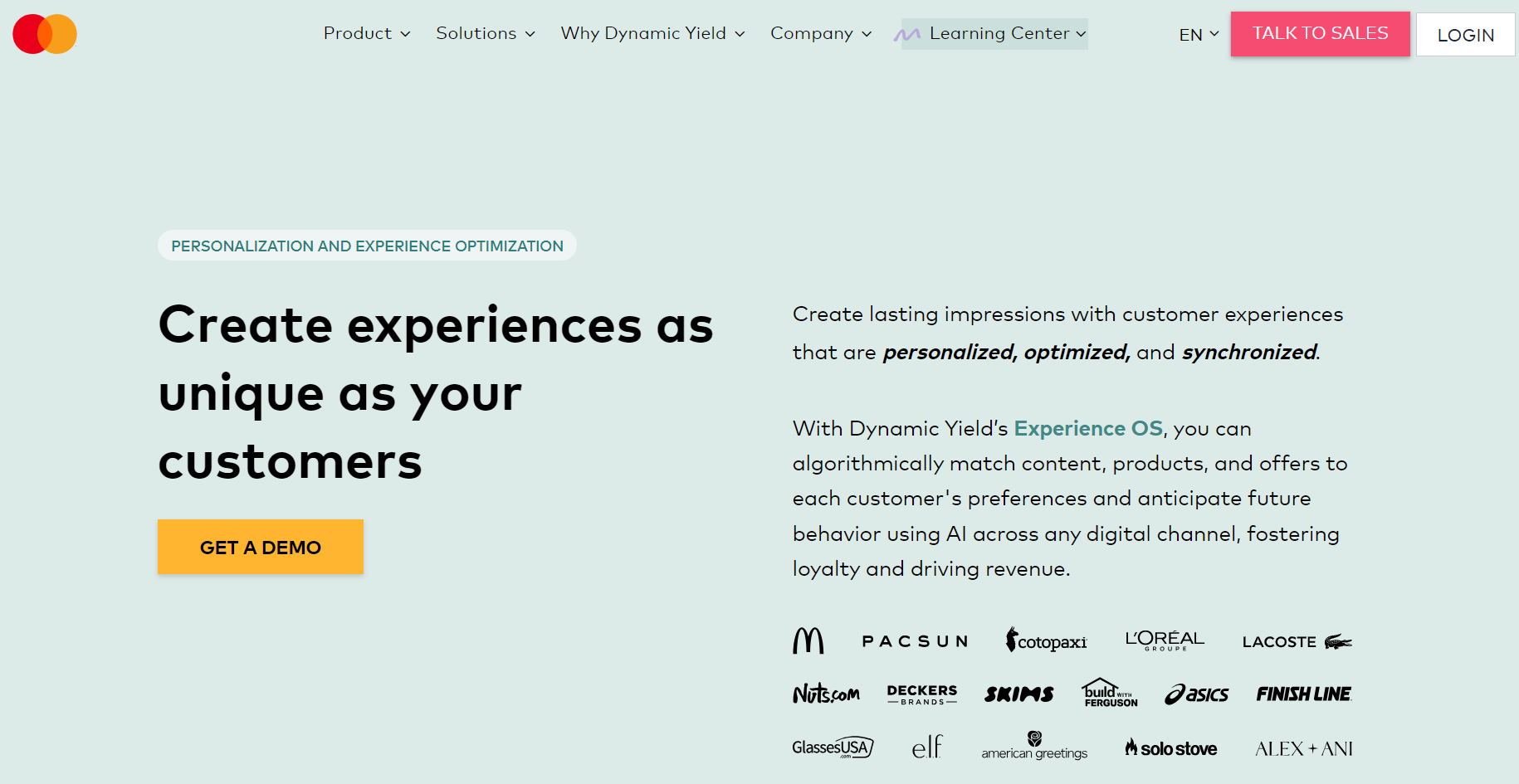 Best ecommerce personalization software: A webpage with the headline Create experiences as unique as your customers, a Get a Demo button, description text, Mastercard logo, and logos of brands like Pacsun, Sephora, and Ikea at the bottom.