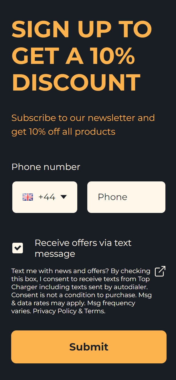 SMS compliance checklist: Signup form for a 10% discount, asking for phone number with country code, option to receive offers via text, and a yellow Submit button at the bottom on a dark background.