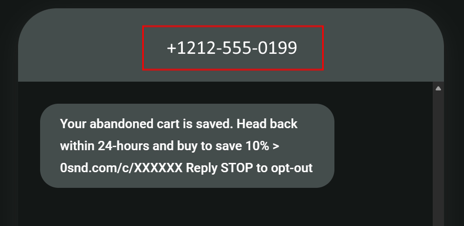 Long code vs. short code SMS: A text message from +1212-555-0199 says, “Your abandoned cart is saved. Head back within 24-hours and buy to save 10%. Reply STOP to opt-out.”.