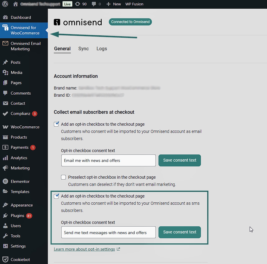 SMS marketing best practices: Screenshot of the Omnisend for WooCommerce plugin settings page, showing options to add opt-in checkboxes at checkout for collecting email and SMS subscribers, with checkboxes enabled and sample consent texts.