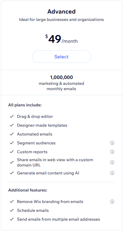 Wix email marketing vs Mailchimp: Pricing plan details for the “Advanced” tier at $49/month, featuring 1,000,000 monthly emails, automated marketing tools, custom reports, AI content generation, and additional features like scheduling and branded email removal.