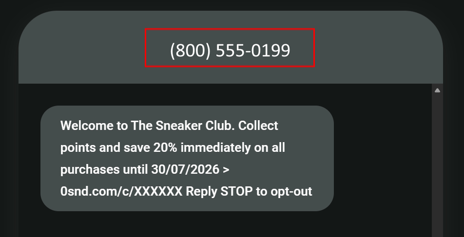 Long code vs. short code SMS: A message shows a phone number, (800) 555-0199, and a text offering 20% off Sneaker Club purchases until 30/07/2026. It includes a link and opt-out instructions.