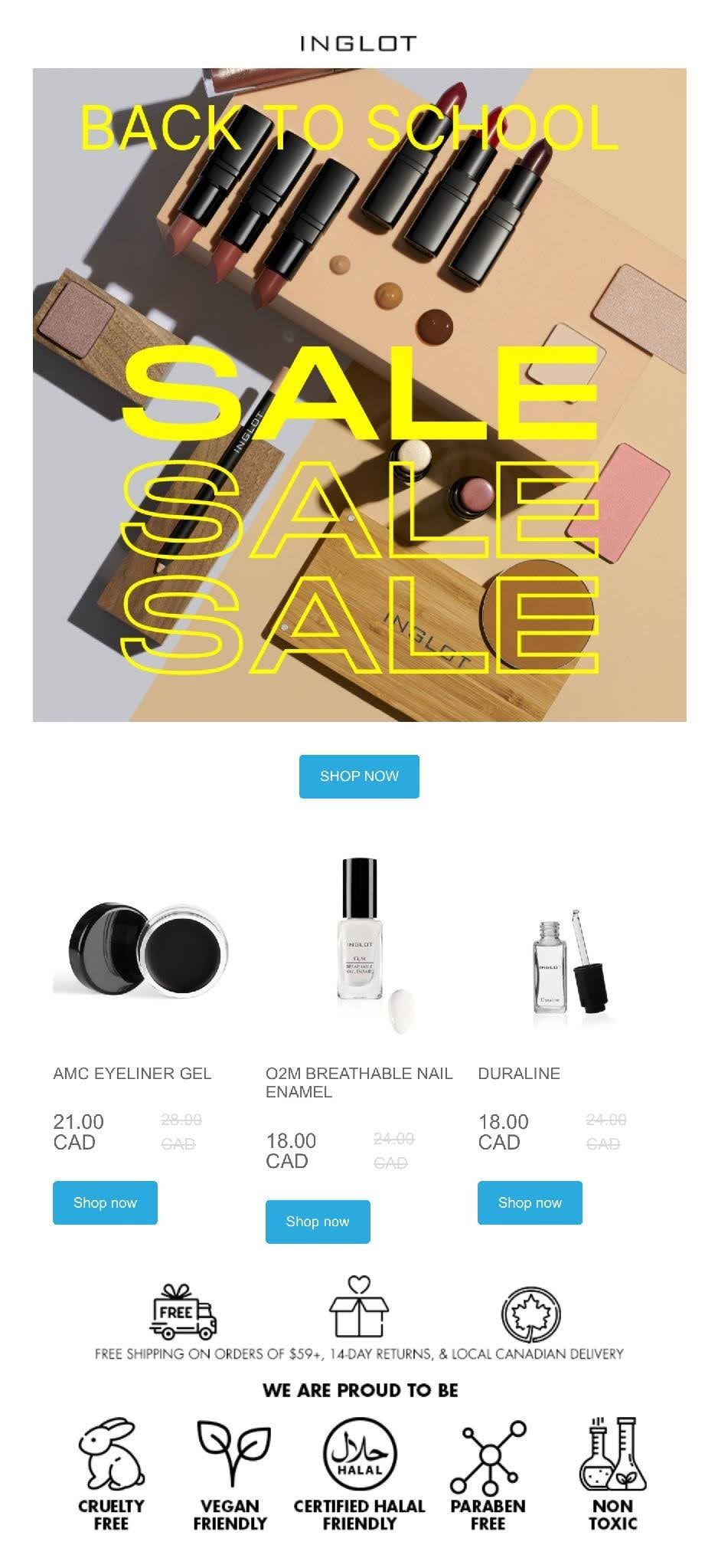 Back-to-school marketing: A makeup-themed Back to School Sale ad features cosmetics on a desk, bold yellow SALE text, product images with prices, a Shop Now button, and icons highlighting free shipping, vegan, and cruelty-free attributes.