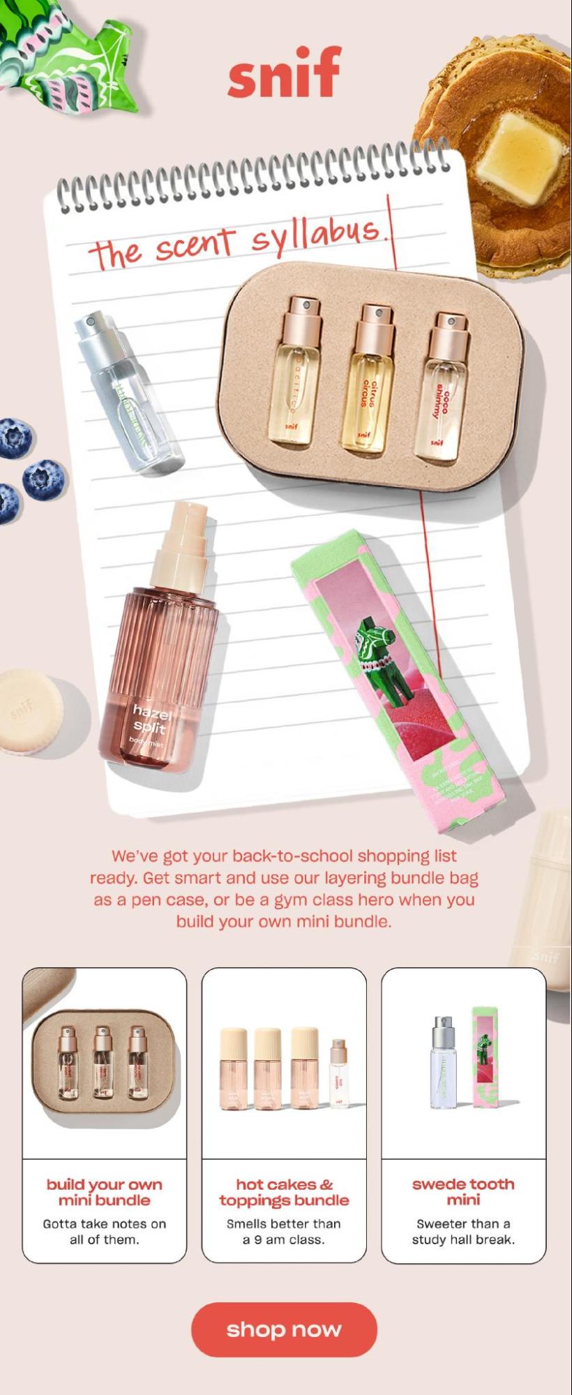 Back to school email subject lines: A back-to-school themed Snif perfume ad shows fragrance bottles on notebooks with treats around, highlighting bundle options: mini bundles, hot cakes topple set, and Swedish candy scent. A shop now button is at the bottom.