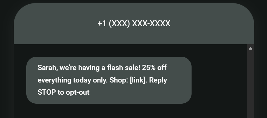 SMS compliance checklist: A text message advertises a flash sale with 25% off for one day, includes a shop link, and offers an option to opt out by replying STOP.