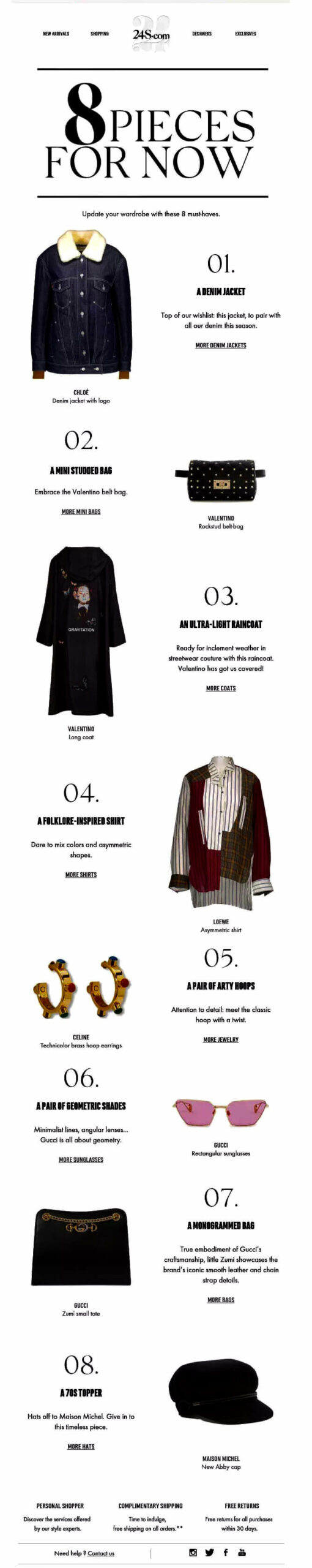 Back to school email subject lines: A fashion guide lists 8 clothing and accessory pieces: a denim jacket, a shoulder bag, a graphic tee, a lightweight cardigan, a folk-inspired skirt, colorful shoes, a statement bag, and a stretchy belt, with images and descriptions.