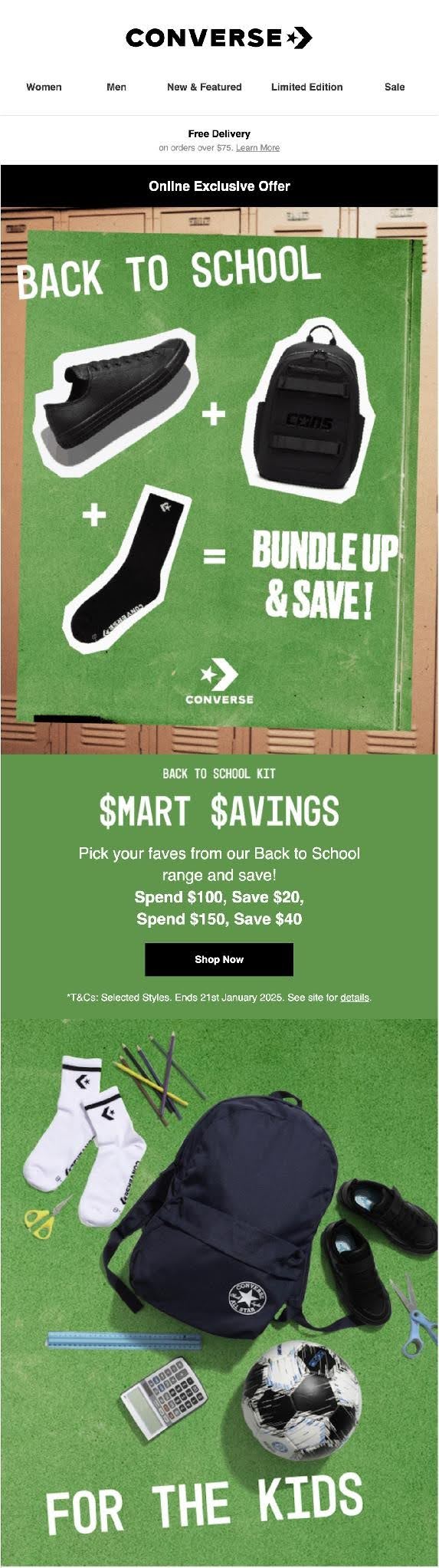 Back-to-school marketing: A Converse ad shows bundles of shoes, bags, and stationery on green turf, promoting back-to-school savings: Spend $100, Save $20; Spend $150, Save $40 with images of Converse products for students.