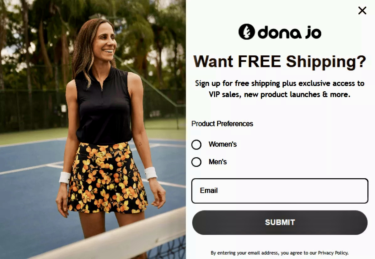 SMS marketing best practices: A smiling woman in a black sleeveless top and floral tennis skirt stands on a tennis court. Next to her is a promo for free shipping from Dona Jo, asking for email signup and product preference.