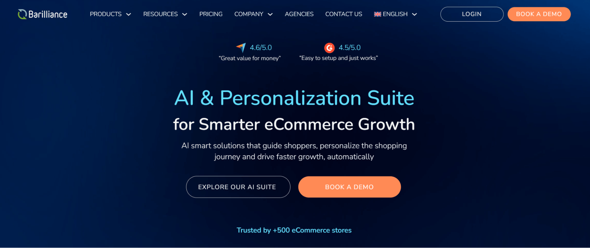 Best ecommerce personalization software: Homepage of Barilliance showing an AI & Personalization Suite for eCommerce growth, with ratings, navigation menu, and “Explore Our AI Suite” and “Book a Demo” buttons on a dark blue background.