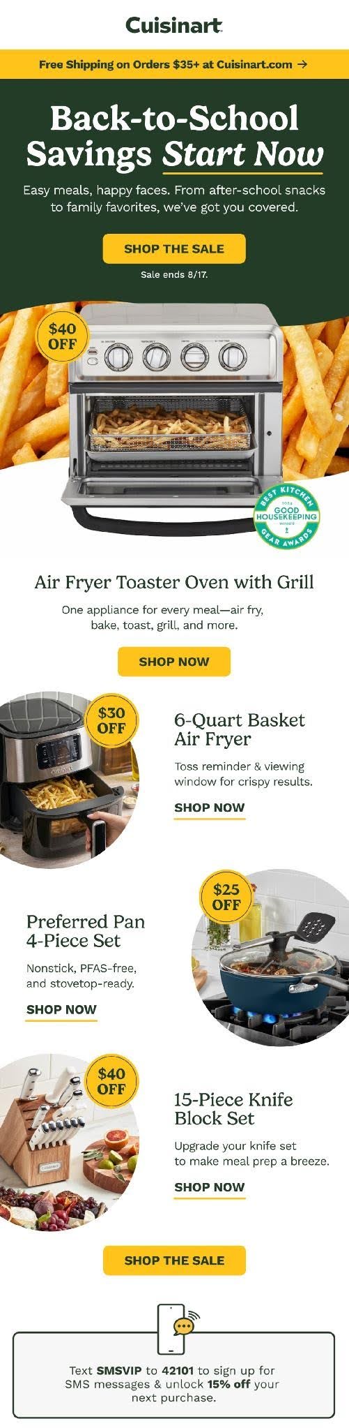 Back-to-school marketing: Cuisinart back-to-school sale ad featuring an air fryer toaster oven, a 6-quart basket air fryer, a preferred pan bake set, and a 15-piece knife block set. Includes discounts, product images, and a free shipping offer.
