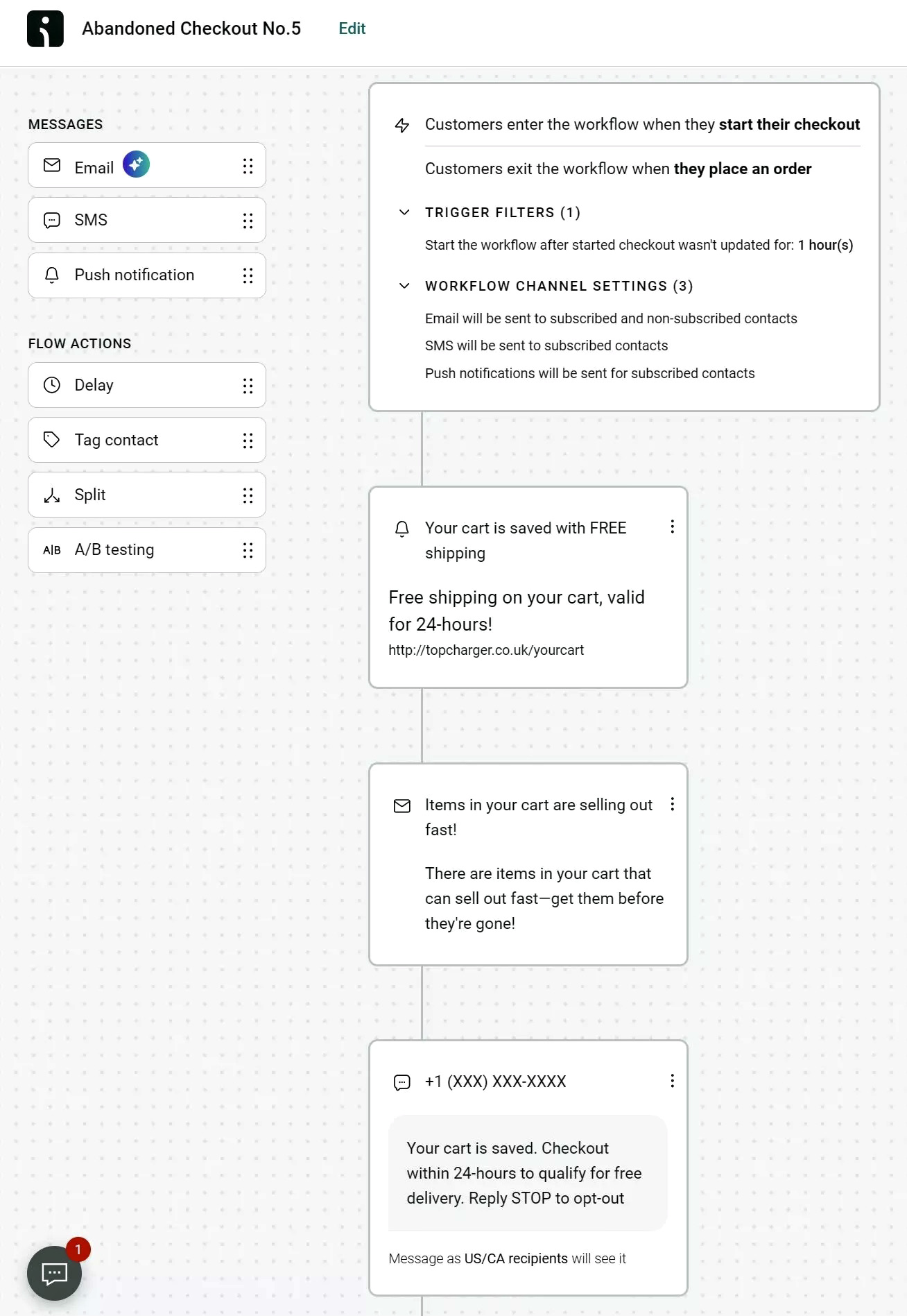 SMS marketing best practices: Screenshot of an abandoned checkout workflow. It shows steps for sending email, SMS, and push notifications with messages reminding customers about their cart, offering free shipping, and providing a support phone number.