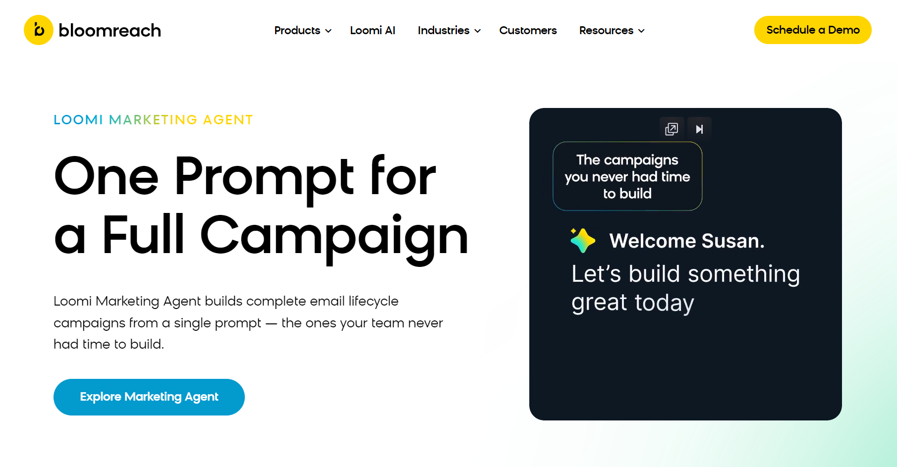 Best ecommerce personalization software: A website page for Bloomreach’s Loomi Marketing Agent, showing a headline “One Prompt for a Full Campaign” with a call-to-action button and a demo preview welcoming a user to start building campaigns.