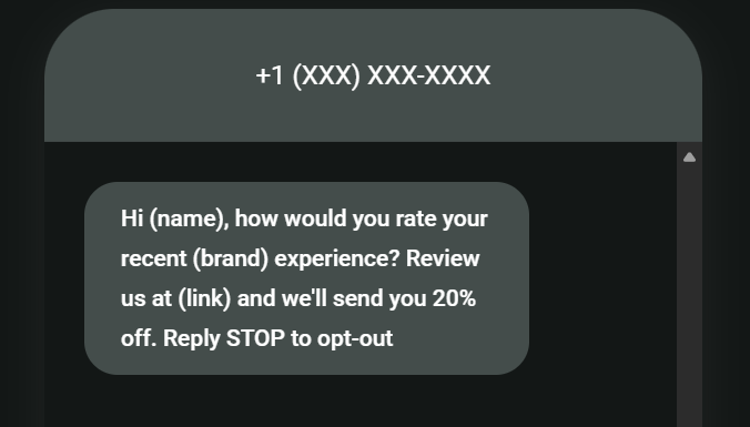 Post-purchase SMS: A text message asks for a rating on a recent brand experience, offering 20% off for a review and instructions to reply STOP to opt out. Phone number and details are redacted.