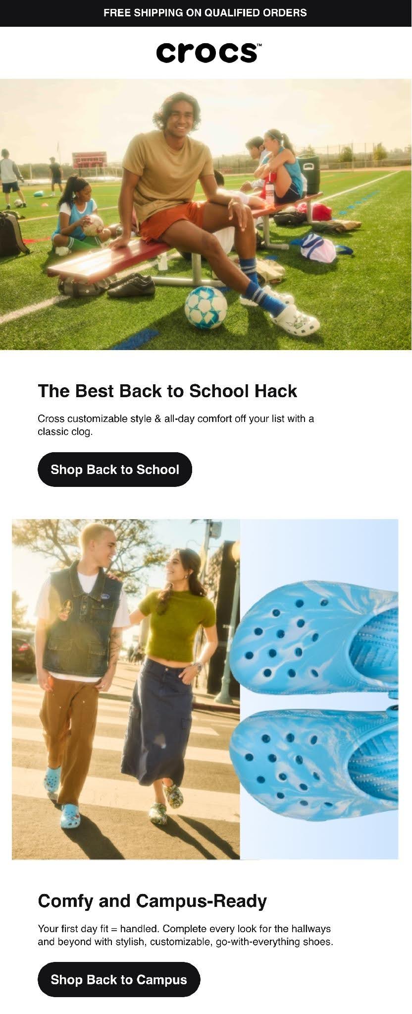 Back-to-school marketing: Students wearing Crocs sit on a field with backpacks and soccer balls. Below, a pair walks on campus in Crocs. Close-up of blue Crocs shoes shown above “Comfy and Campus-Ready” text.