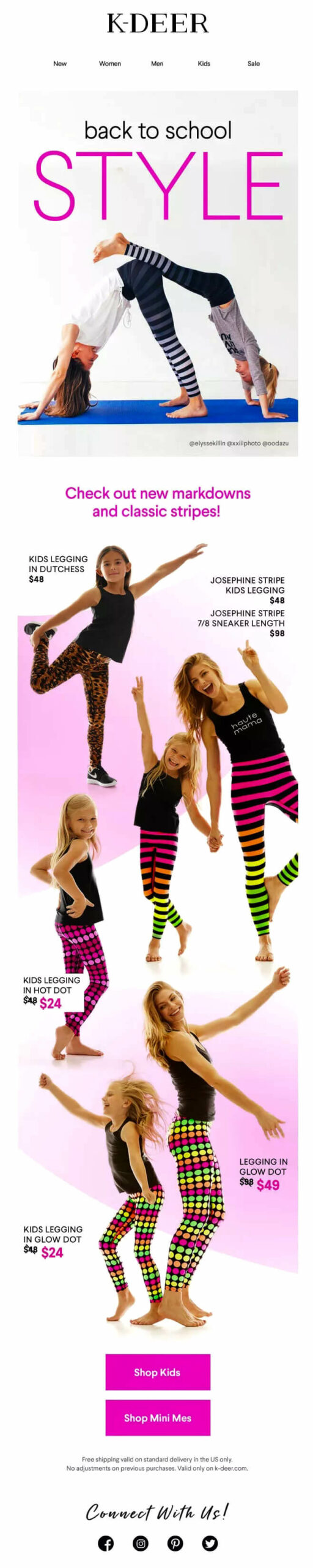 Back to school email subject lines: Three women and three girls pose energetically in colorful striped leggings and black tops against a pink background, with text promoting back-to-school style and sale items for K-DEER.