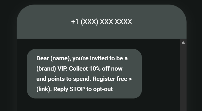 Post-purchase SMS: A text message invites someone to become a VIP for a brand, offering 10% off and points, with a link to register. The message includes an opt-out option by replying STOP. Phone number is partially hidden.