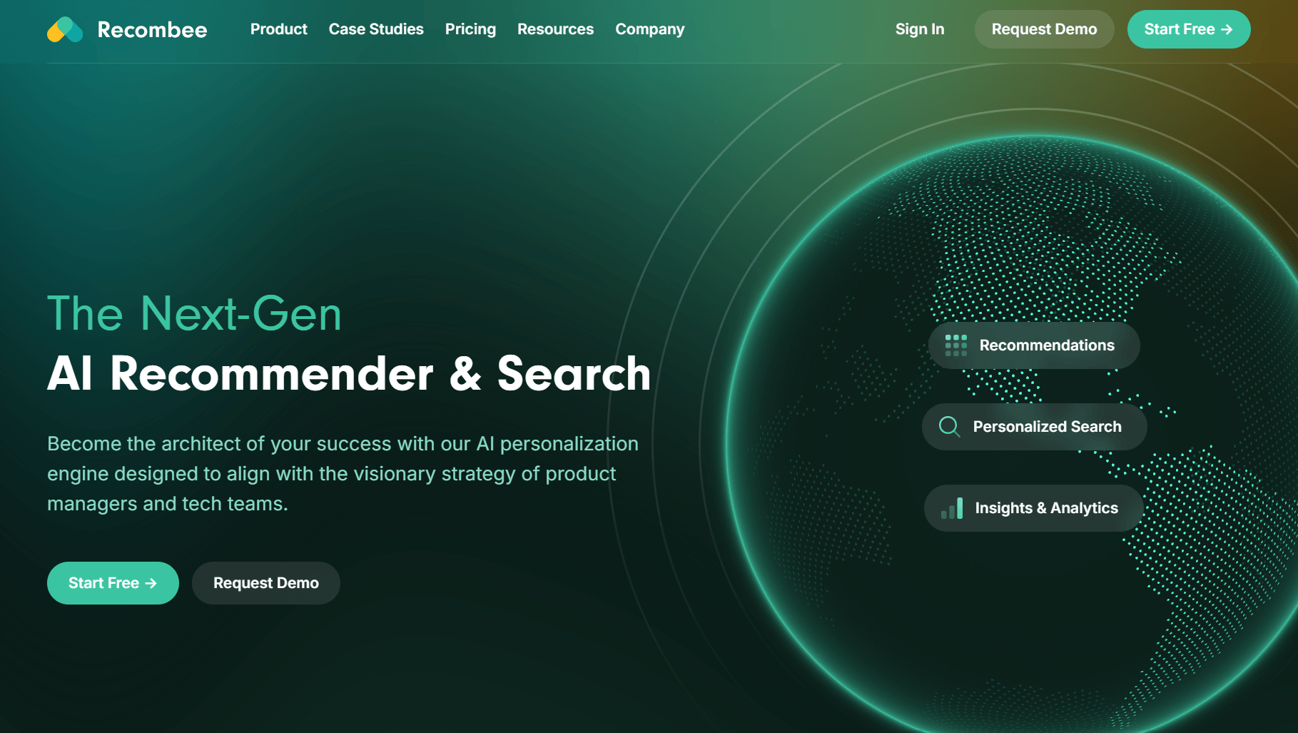 Best ecommerce personalization software: Recombee website homepage showing text about AI Recommender & Search, with green-themed design, search options (Recommendations, Personalized Search, Insights & Analytics), and a glowing globe graphic on the right.