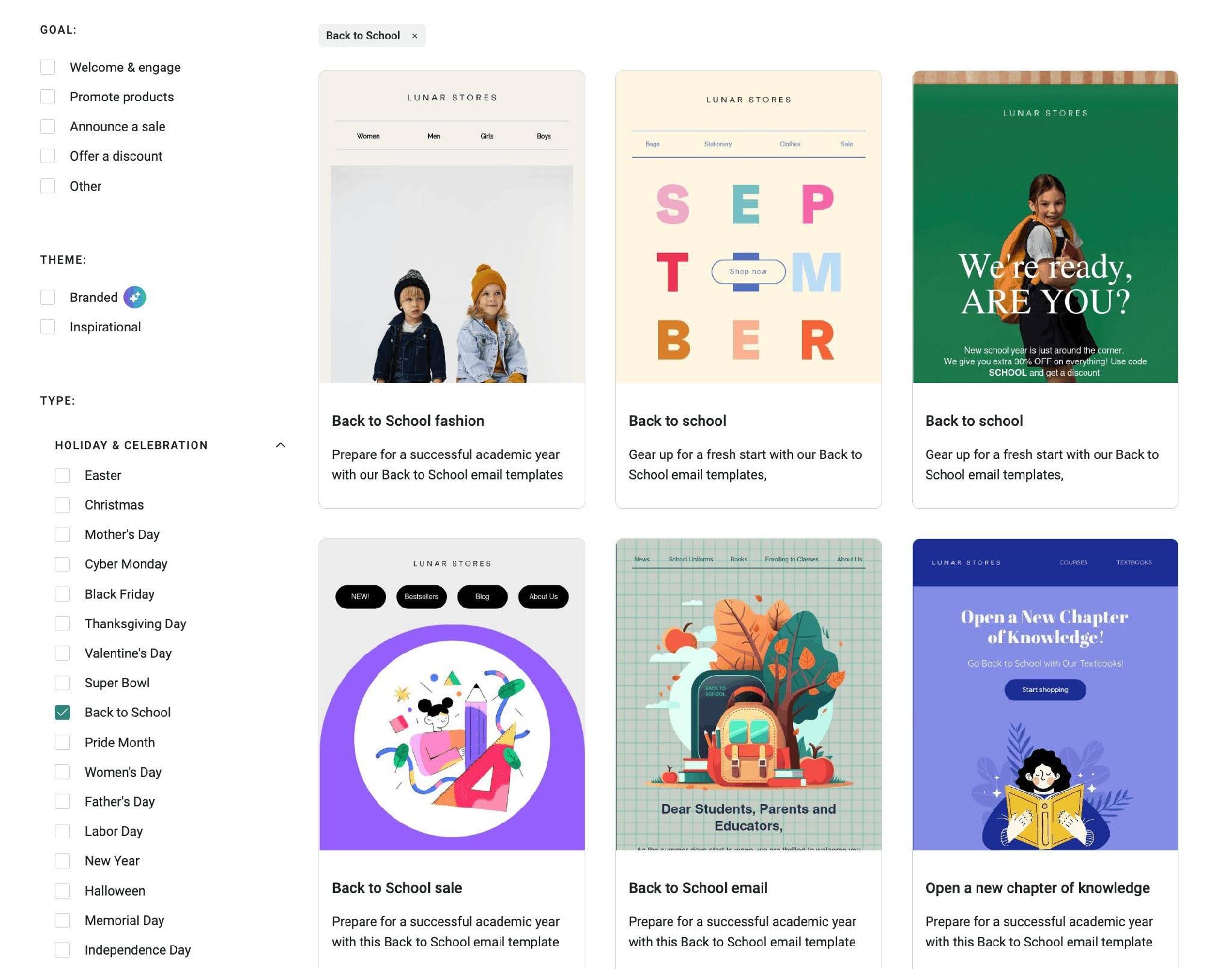 Back-to-school marketing: A screen shows an email template selection page with six colorful Back to School email designs, filter options on the left, and thumbnails of each template featuring kids, books, and school themes.