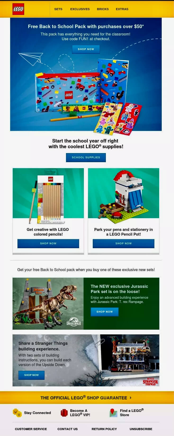 Back to school email subject lines: LEGO promotional email featuring school supplies, exclusive sets, and new releases. Images of LEGO builds, colored pencils, a postbox desk organizer, and a dinosaur scene are shown, with colorful banners and call-to-action buttons.