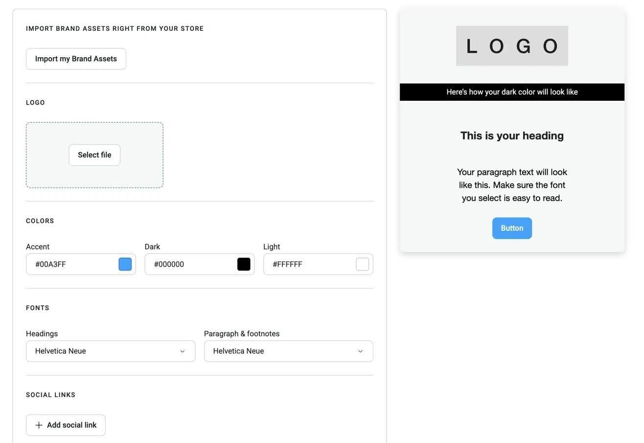 Back-to-school marketing: A web page showing a brand asset import tool with options to upload a logo, select colors, choose fonts, and add social links, plus a preview card on the right displaying a sample logo, heading, paragraph, and button.