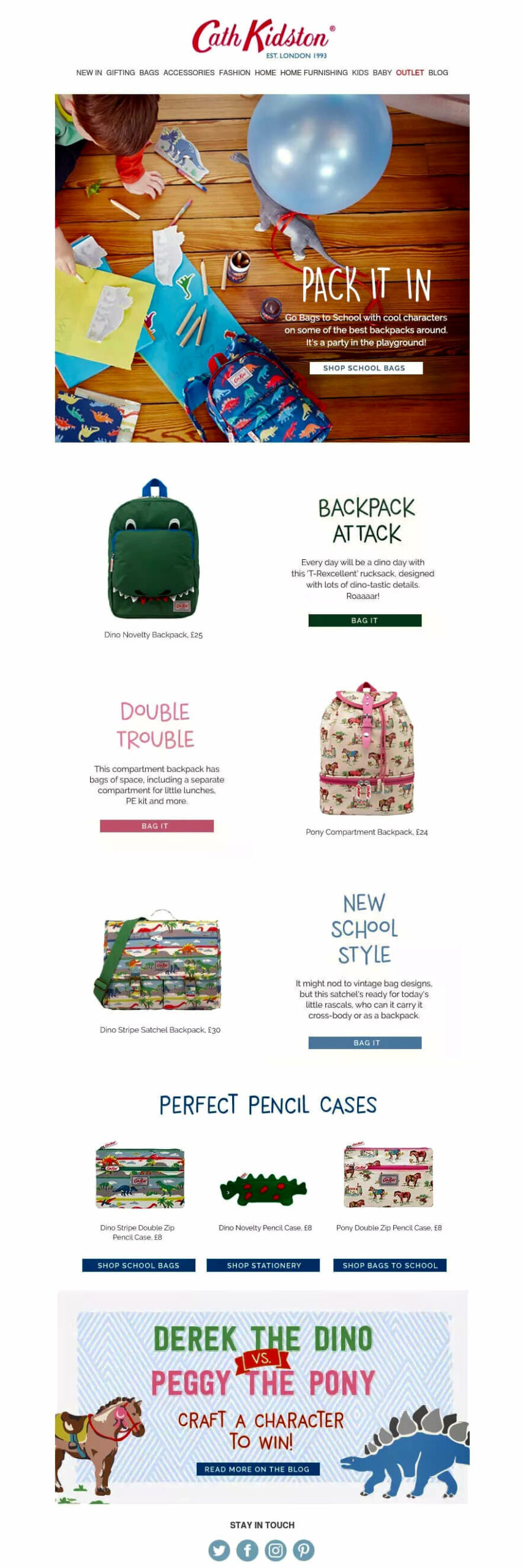 Back to school email subject lines: A colorful kids’ back-to-school ad with bags, pencil cases, and crafting supplies, featuring dinosaur and pony designs, and a contest to win by crafting a character to enter.