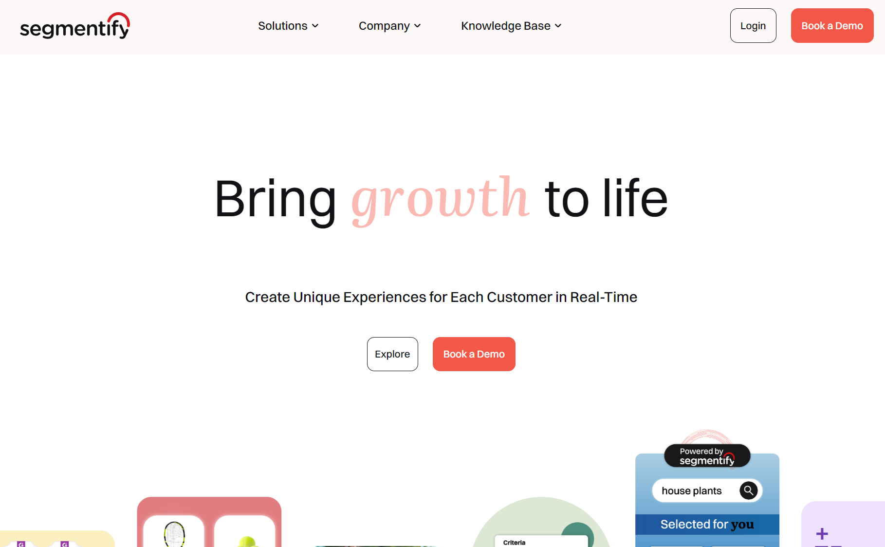 Best ecommerce personalization software: Screenshot of Segmentifys homepage with the slogan Bring growth to life, navigation menus, and buttons labeled Explore and Book a Demo on a clean, white background.