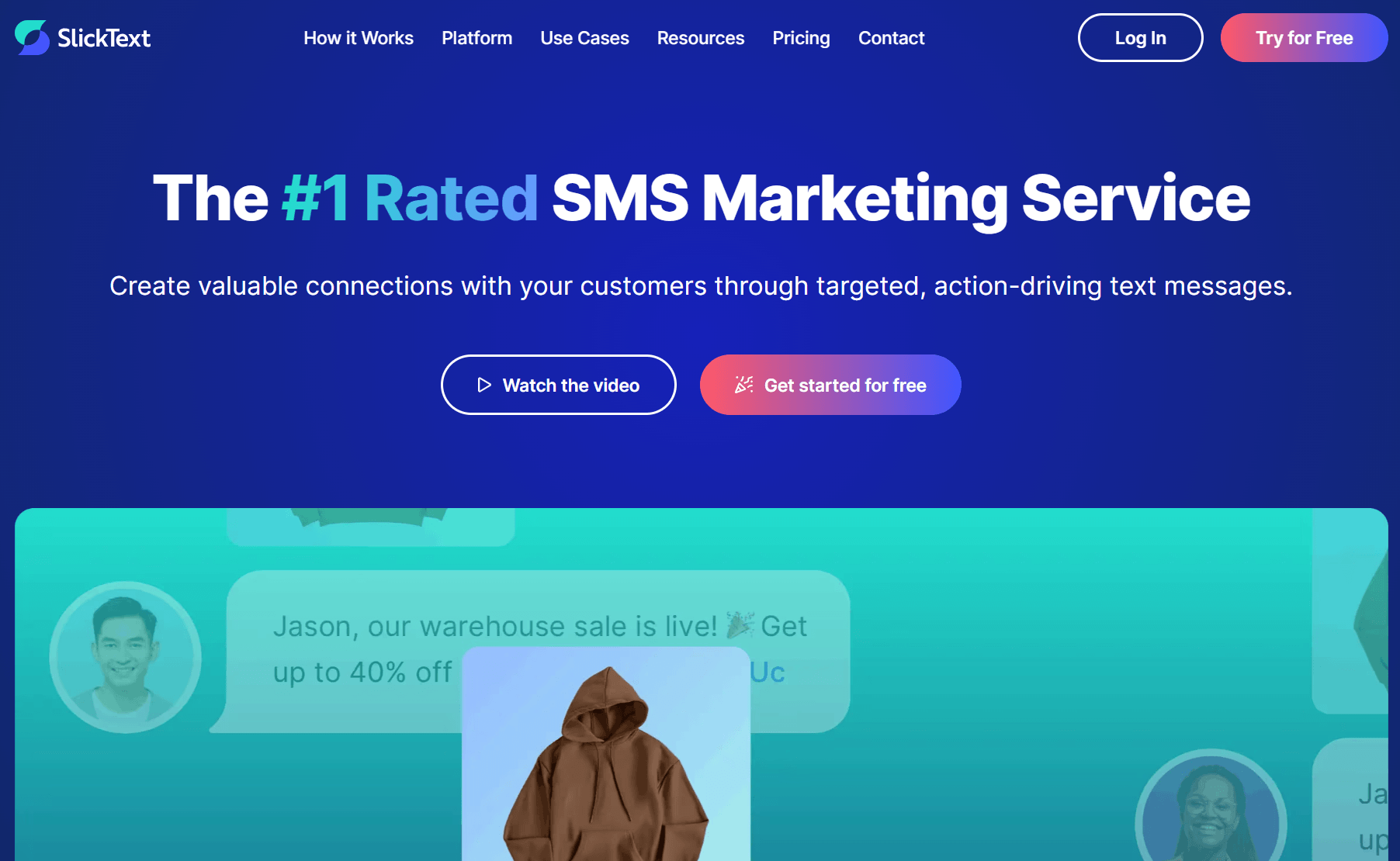 Postscript alternatives: Screenshot of the SlickText website highlighting its SMS marketing service, with buttons to watch a video or get started for free. A hoodie image and a text message about a warehouse sale are partially visible below.
