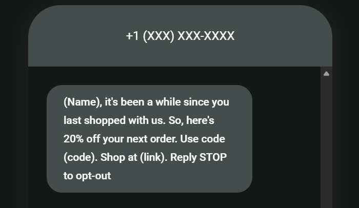 Post-purchase SMS: A text message offers 20% off with a code and a link, addressed to a previous customer, with an option to reply STOP to opt-out. The senders phone number is partially hidden.